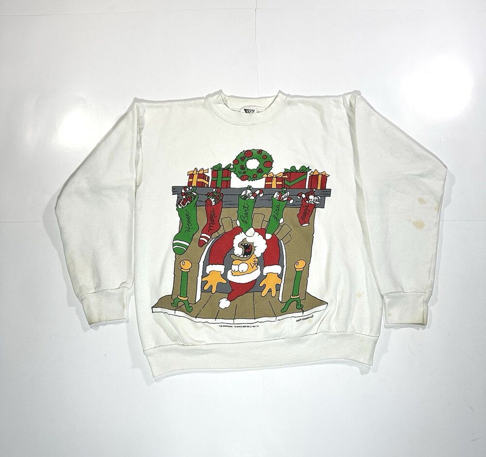 Vintage The Simpsons Homer Christmas Santa Graphic Sweatshirt Men's XL White 90s